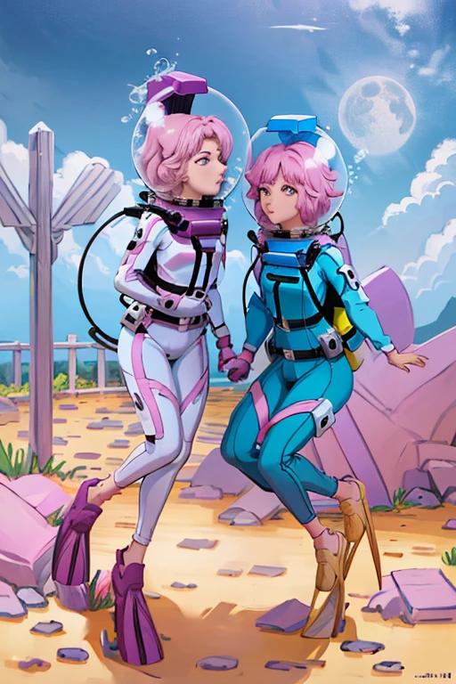 pink hair, bubble helmet, space helmet,wearing a (spacesuit:1.15), white cargo pants, hovering, flying, moon surface, earth, floating pose, happy, smilebeautiful 8k wallpaper, highly advanced, (sleek design:1.3), intricate, highres, superb, 8k wallpaper, extremely detailed, intricate,(2girl:1.5), (two girl:1.5),,2girl, two girl, 2girl, two girl, from side, 9space helmet:1.5), (8k, RAW photo, best quality, masterpiece), (photorealistic), outstanding details, ultra-high resolution, anatomically correct, textured skin,