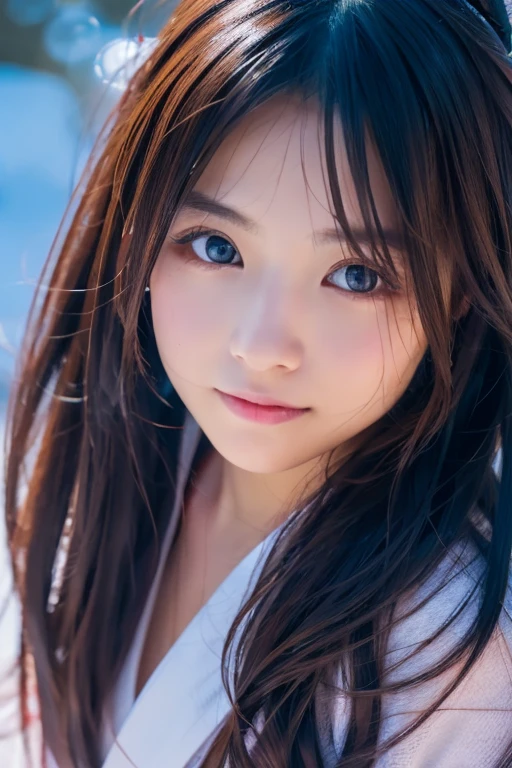 masutepiece, Best Quality, 8K, 8years old, Teen, Raw photo, absurderes, award winning portrait, Smile, Solo, (Night:1.8), Idol face, Delicate girl, Upper body, Digital SLR, Looking at Viewer, Candid, Sophisticated,Thin arms, Professional Lighting, Film grain, chromatic abberation, (Eyes and faces with detailed:1.0), (Bokeh:1.1) , (Grid Girl:1.1) , closes mouth , A dark-haired , drooing eyes , Average-sized 