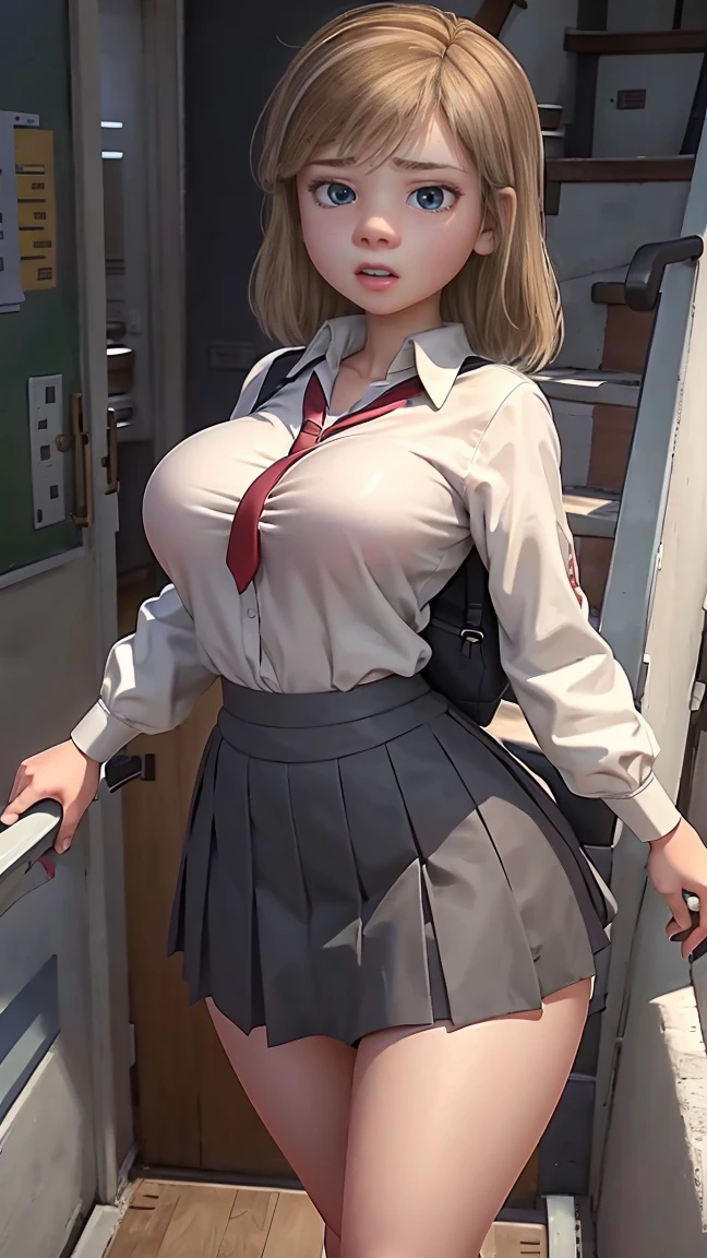 Riley in school uniform, short skirt and white shirt, big breasts, thick legs , Going up the stairs 