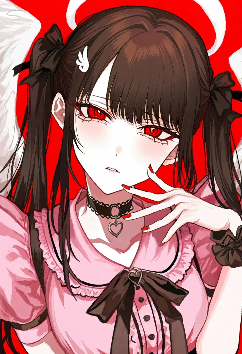 masterpiece, best quality, illustration, kuroume, 1girl, halo, choker, red eyes, wings, black hair, hand on own face, red background, jirai kei, ribbon, looking at viewer, angel wings, red nails, puffy sleeves, short sleeves, puffy short sleeves, wing hair ornament, hair ornament, upper body, angel, black choker, frills, head tilt, parted lips, long hair, pink shirt, hair ribbon, hand on own cheek, nail polish, shirt