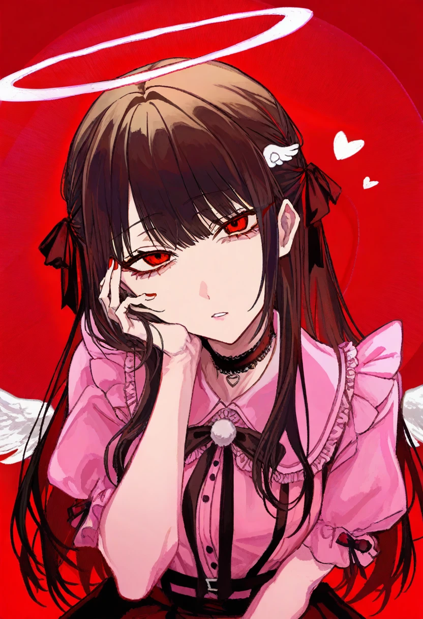 masterpiece, best quality, illustration, kuroume, 1girl, halo, choker, red eyes, wings, black hair, hand on own face, red background, jirai kei, ribbon, looking at viewer, angel wings, red nails, puffy sleeves, short sleeves, puffy short sleeves, wing hair ornament, hair ornament, upper body, angel, black choker, frills, head tilt, parted lips, long hair, pink shirt, hair ribbon, hand on own cheek, nail polish, shirt