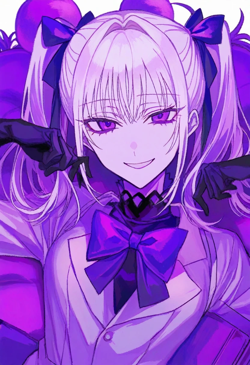 masterpiece, best quality, illustration, kuroume, 1girl, solo, looking at viewer, purple theme, smile, twintails, white hair