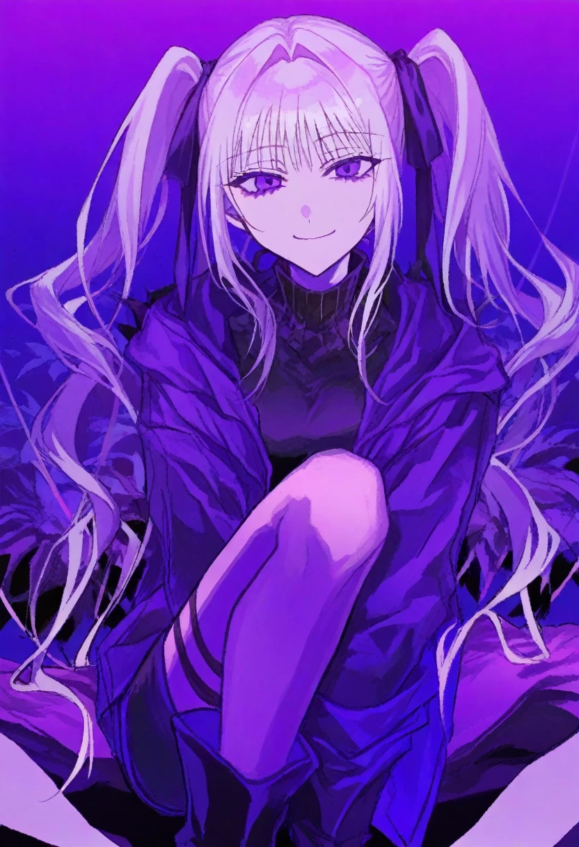 masterpiece, best quality, illustration, kuroume, 1girl, solo, looking at viewer, purple theme, smile, twintails, white hair