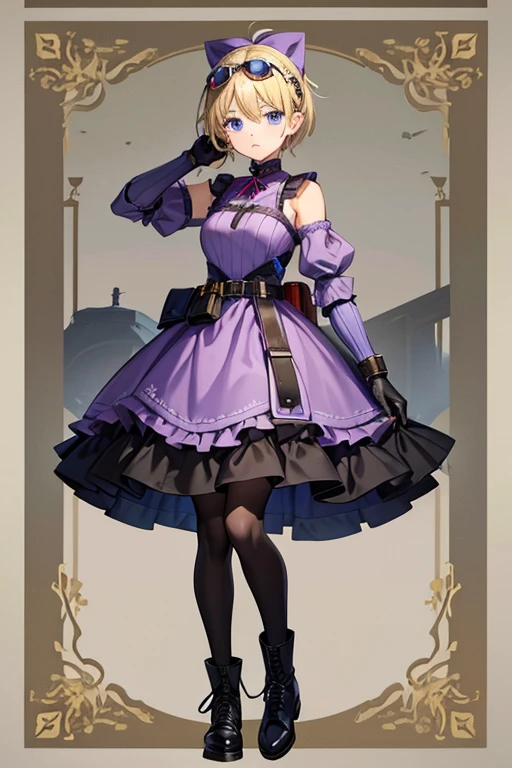 Anime Art、Full body portrait、Characters of the early modern period、Background blank、A female pilot standing upright, about 160cm tall, about 2, wearing a light purple gothic dress、Wears goggles on his forehead、She is wearing black tights that cover her lower body.、boots、Hair in an updo、Blonde、Large purple ribbon、almond eyed、Light blue eyes、Crying face、Wearing a belt pouch、Wearing leather gloves、Shoulder Armor、Elbow Armor