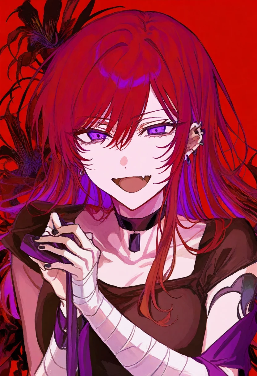 masterpiece, best quality, illustration, kuroume, 1girl, bandages, bandaged arm, solo, red hair, purple eyes, holding, open mouth, long hair, smile, choker, looking at viewer, piercing, black nails, jewelry, ear piercing, fang