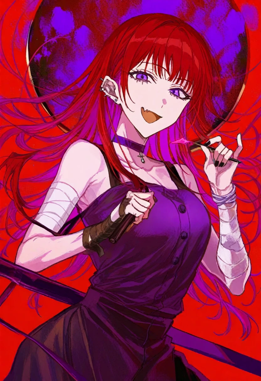 masterpiece, best quality, illustration, kuroume, 1girl, bandages, bandaged arm, solo, red hair, purple eyes, holding, open mouth, long hair, smile, choker, looking at viewer, piercing, black nails, jewelry, ear piercing, fang