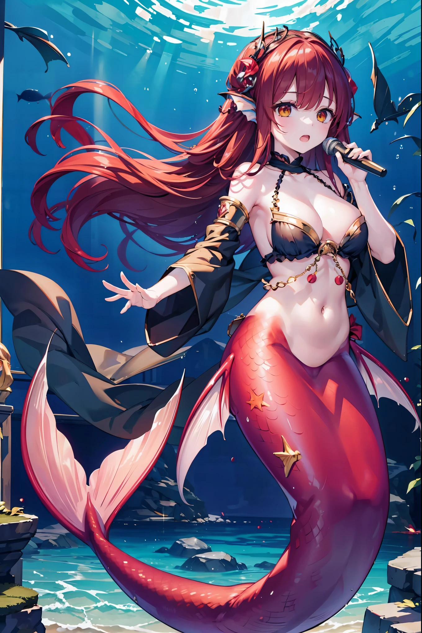 (masterpiece, Best quality),(Full fingers),A girl,Dark red hair,Hair accessories,Idol,Idol服,Golden Eyes,Head fin,Solitary,Big breasts,Mermaid,暗红色的Mermaid尾巴,Full body photo,(Underwater:1.2),charming face(Kawaii, charming,Soft),Open your mouth,Holding a microphone,