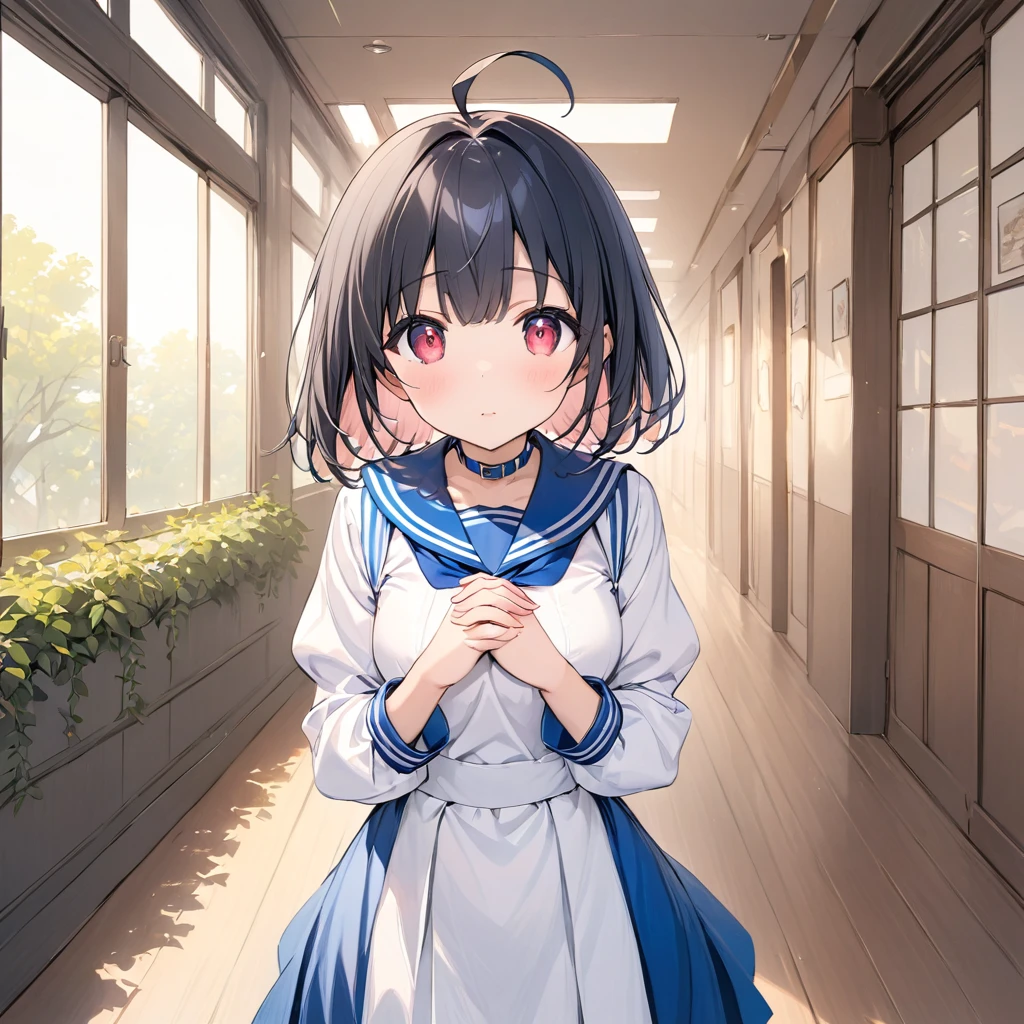 girl、Bobcut、Black Hair、Ahoge、Red Eye、Tree Eyes、Three white eyes、Sailor suit、bright,白いSailor suit,Navy blue collar,Long sleeve,Puff sleeves,Navy blue cuffs,white line,The skirt is white,Navy blue line on the hem of the skirt,Thick and thin lines,、Old fashioned hallway background、Front、masterpiece、Please redeem、Detailed explanation、Cute Anime、Illustration、High resolution, Attention to detail, 超High resolution, Very detailed,Fingers clasped together in front of chest