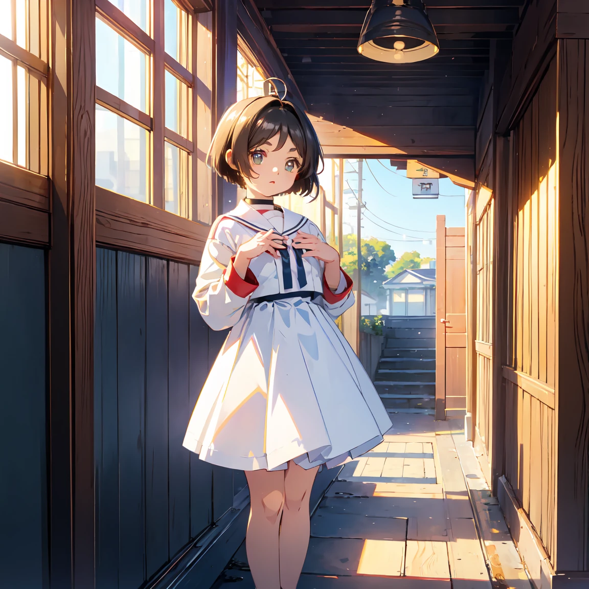 girl、Bobcut、Black Hair、Ahoge、Red Eye、Tree Eyes、Three white eyes、Sailor suit、bright,白いSailor suit,Navy blue collar,Long sleeve,Puff sleeves,Navy blue cuffs,white line,The skirt is white,Navy blue line on the hem of the skirt,Thick and thin lines,、Old fashioned hallway background、Front、masterpiece、Please redeem、Detailed explanation、Cute Anime、Illustration、High resolution, Attention to detail, 超High resolution, Very detailed,Fingers clasped together in front of chest