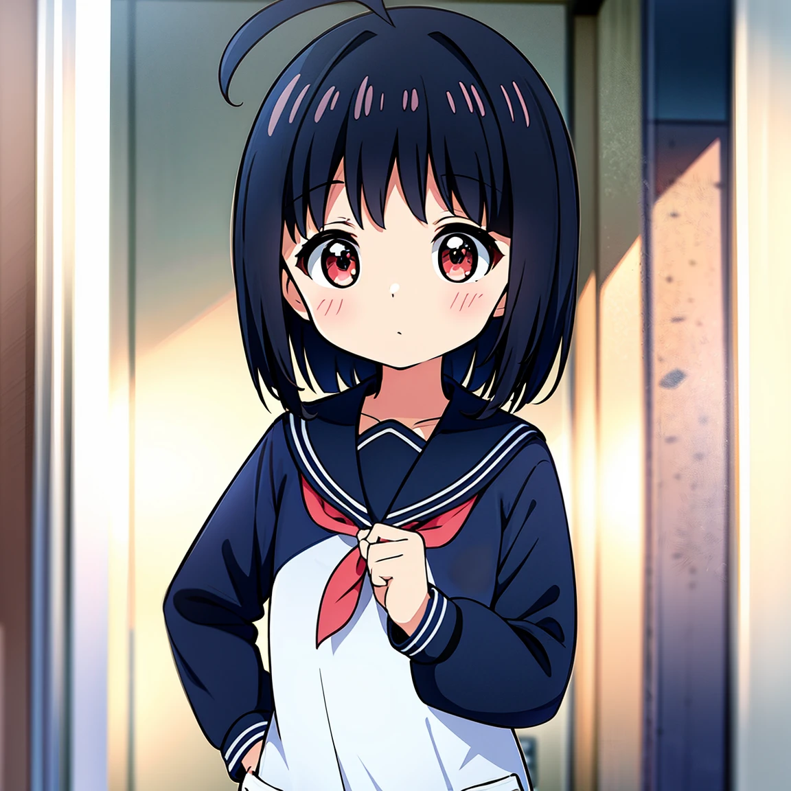 girl、Bobcut、Black Hair、Ahoge、Red Eye、Tree Eyes、Three white eyes、Sailor suit、bright,白いSailor suit,Navy blue collar,Long sleeve,Puff sleeves,Navy blue cuffs,white line,The skirt is white,Navy blue line on the hem of the skirt,Thick and thin lines,、Old fashioned hallway background、Front、masterpiece、Please redeem、Detailed explanation、Cute Anime、Illustration、High resolution, Attention to detail, 超High resolution, Very detailed,Fingers clasped together in front of chest