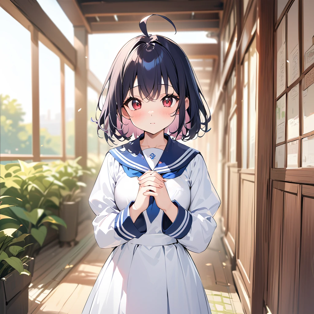 girl、Bobcut、Black Hair、Ahoge、Red Eye、Tree Eyes、Three white eyes、Sailor suit、bright,白いSailor suit,Navy blue collar,Long sleeve,Puff sleeves,Navy blue cuffs,white line,The skirt is white,Navy blue line on the hem of the skirt,Thick and thin lines,、Old fashioned hallway background、Front、masterpiece、Please redeem、Detailed explanation、Cute Anime、Illustration、High resolution, Attention to detail, 超High resolution, Very detailed,Fingers clasped together in front of chest