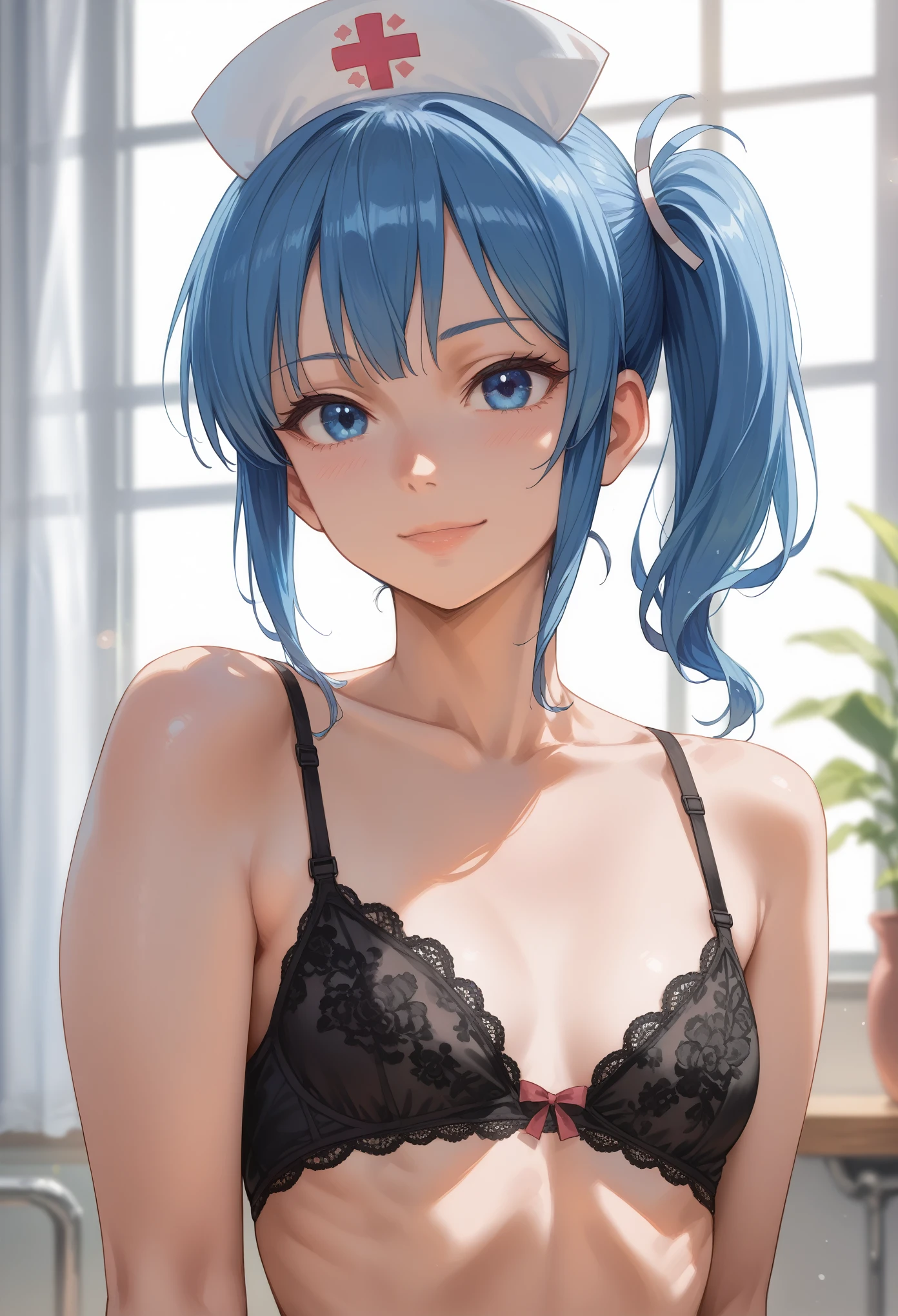 masterpiece, best quality, ultra-detailed, illustration, colorful, flat color, depth of field, lens flare, 1girl, suisei hoshimachi, blue hair, blue eyes, side ponytail, anime, closeup, detailed skin texture, beautiful detailed face, nude, nurse cap, black lace bra, seductive smile, alluring attire, collarbone, small breasts, flat chest, teen, slender