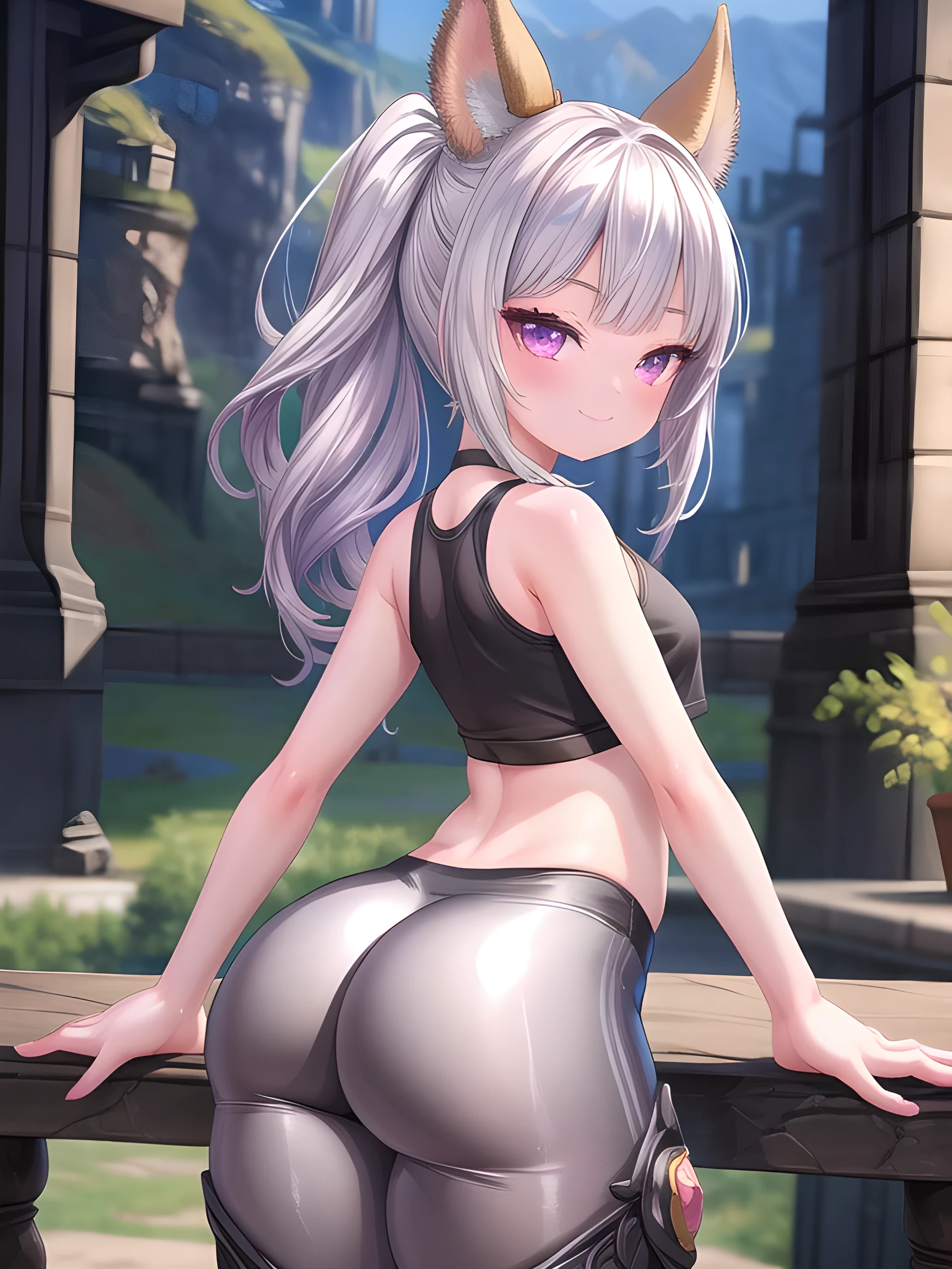 masterpiece, absurdres, best quality, photorealistic, realistic, ultra detailed, tera elin, 1girl, hips, thighs,smug, crop top, yoga pants, small breasts, skin indentation, sexy pose, standing, dynamic pose, sexy pose, seductive smile, close up, evil smile, ass focus, ass, from behind