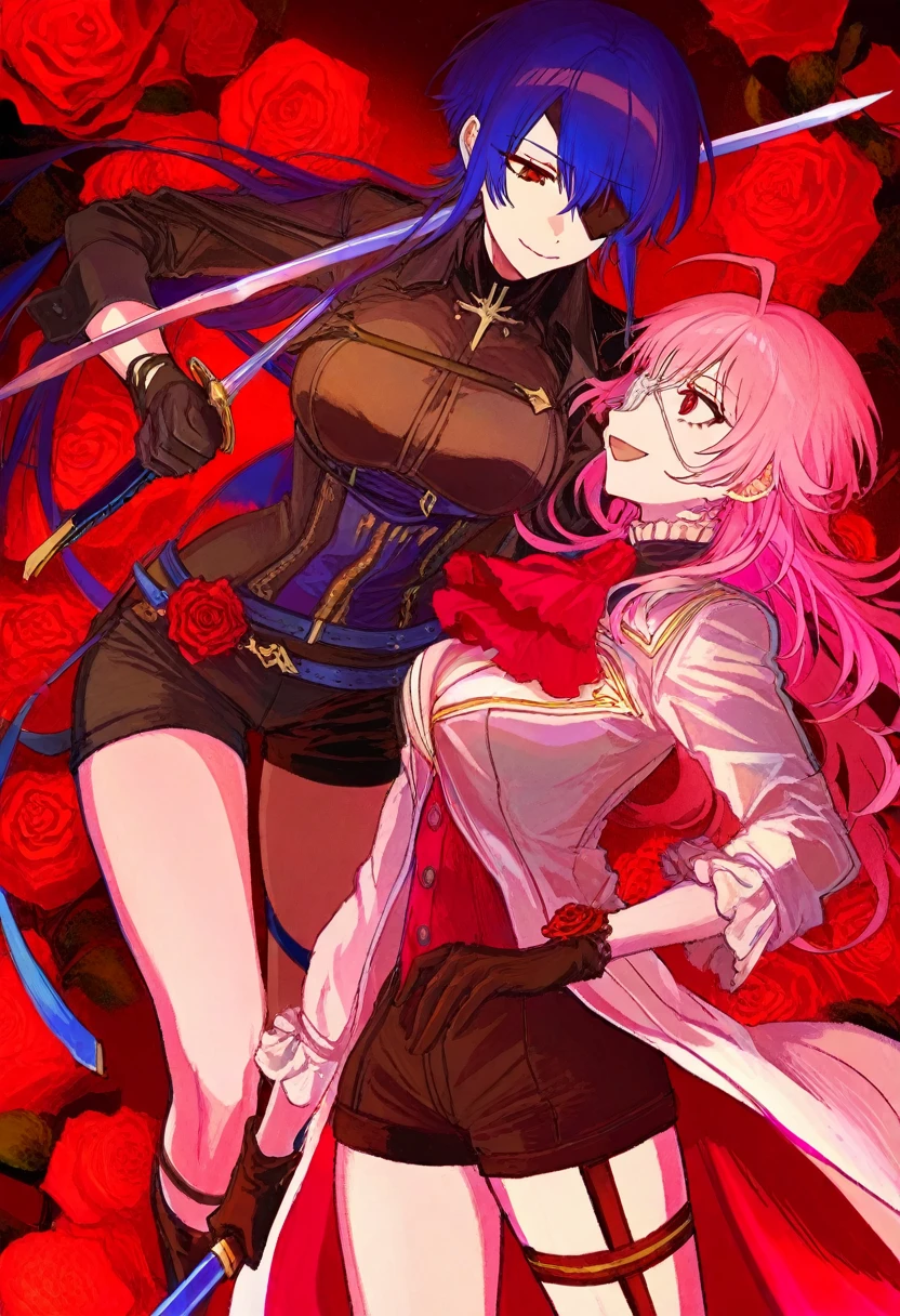 masterpiece, best quality, illustration, kuroume, multiple girls, weapon, 2girls, sword, pink hair, holding weapon, holding sword, breasts, holding, eyepatch, gloves, long hair, shorts, open mouth, smile, blue hair, rose, flower, looking at another, closed mouth, black gloves, black shorts, red eyes