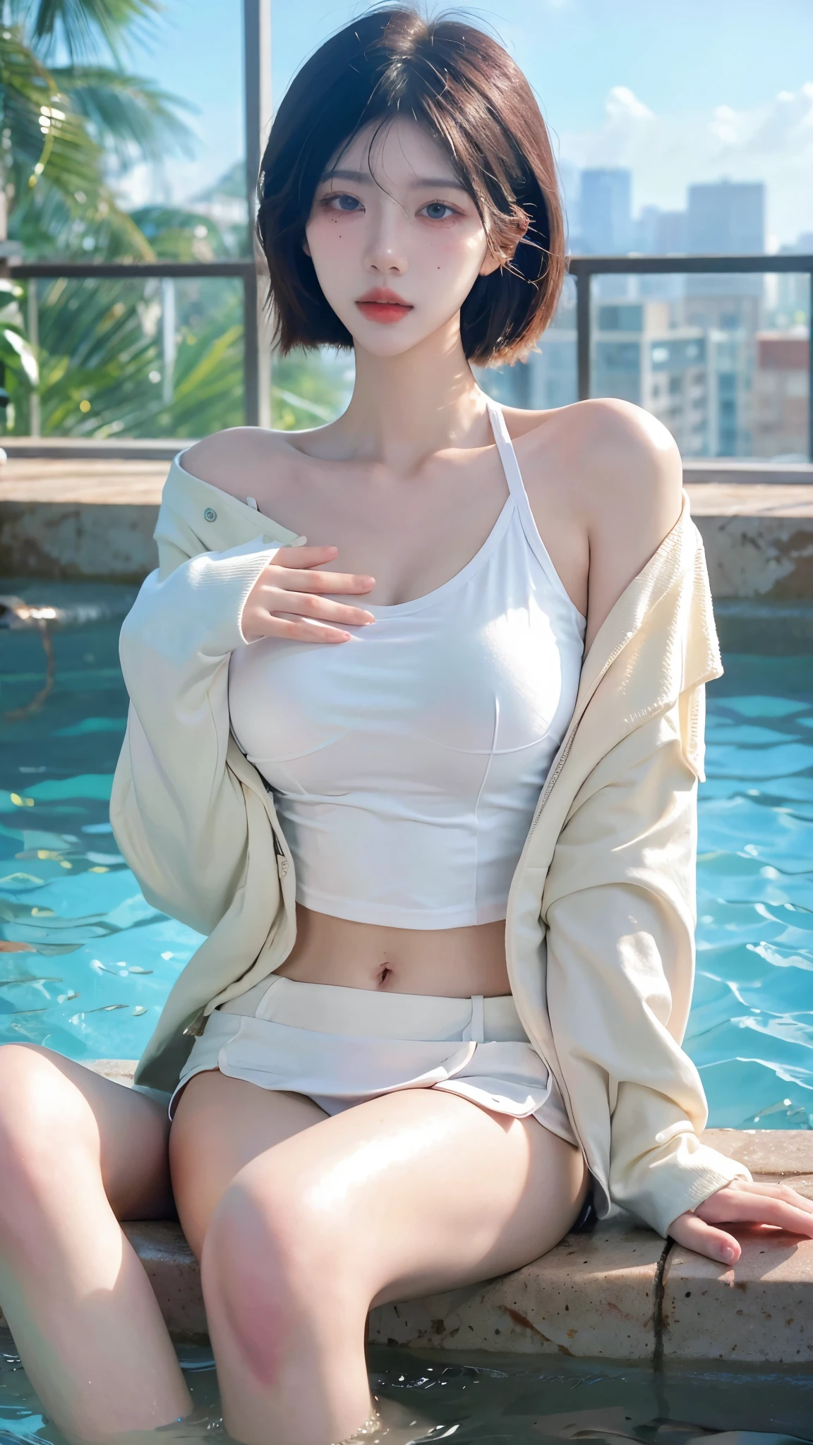 Highest quality, masterpiece, Ultra-high resolution, (Realistic:1.4), Voluptuous,Beautiful woman,(Shortcuts) （Outdoor pool area）Beautiful Skin, Fine skin, 魅惑的なsmile, Bokeh, smile, Shortcutsヘア, Jacket and pants