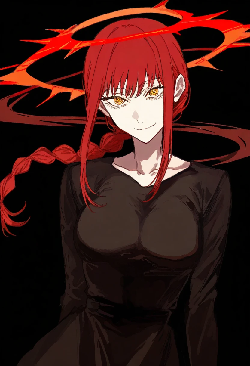 masterpiece, best quality, illustration, kuroume, 1girl, makima \(chainsaw man\), solo, ringed eyes, halo, black background, simple background, looking at viewer, braid, braided ponytail, red halo, yellow eyes, breasts, smile, black dress, medium breasts, dress, medium hair, sidelocks, collarbone