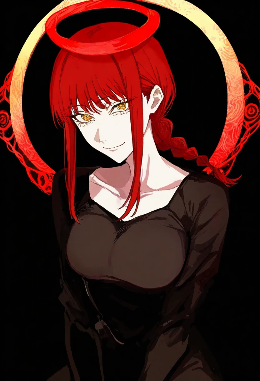 masterpiece, best quality, illustration, kuroume, 1girl, makima \(chainsaw man\), solo, ringed eyes, halo, black background, simple background, looking at viewer, braid, braided ponytail, red halo, yellow eyes, breasts, smile, black dress, medium breasts, dress, medium hair, sidelocks, collarbone