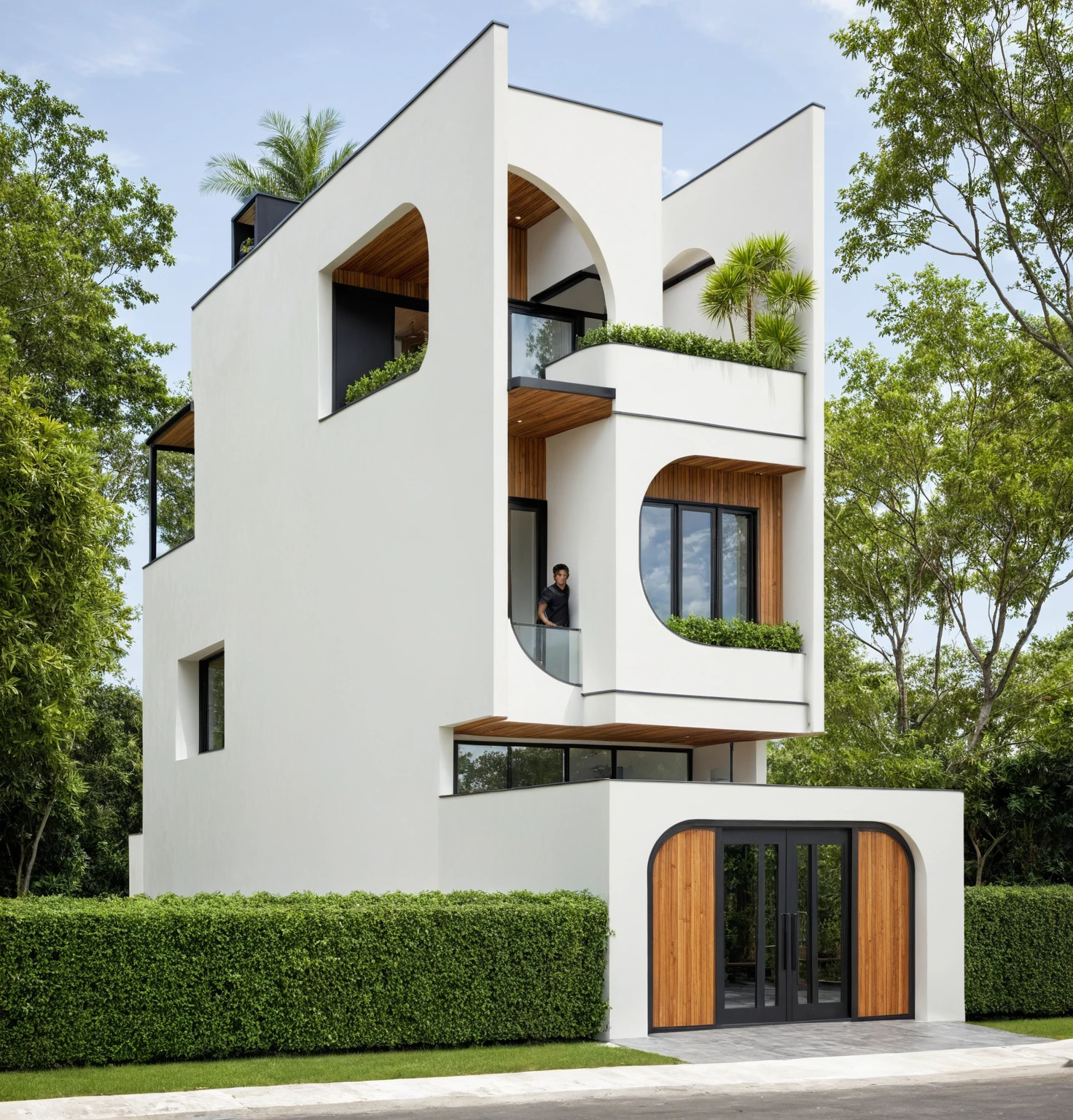 A high and narrow 3-storey house with a modern design, featuring a steel gate and wooden details. The exterior is painted white and the front wall has many curves. The house has windows on all sides, and a (wooden ceiling:1.2). The materials include black steel and wood. The 1st floor has trees growing in the middle columns, surrounded by tropical vegetation. The scene is captured from a 24mm angular view, with soft, natural lighting highlighting the textures and materials, casting gentle shadows that accentuate the curves of the front wall and the wooden details.