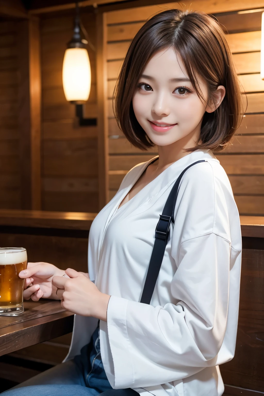 Cute 21 year old Japanese、drinking beer at bar、Nice bar、Ultra detailed face、Pay attention to the details、double eyelid、Beautiful and thin nose、Sharp focus:1.2、Beautiful woman:1.4、(Light Brown Hair、Short Hair、)、Pure white skin、Highest quality、masterpiece、Ultra-high resolution、(Photorealistic:1.4)、Highly detailed and professional lighting、nice smile、Show your whole body、Cute Spring Clothes、