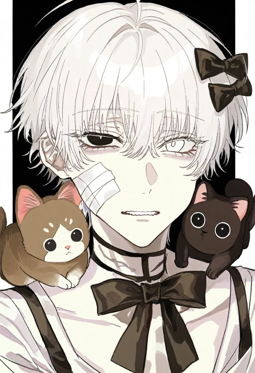 masterpiece, best quality, illustration, kuroume, white eyes, white hair, heterochromia, 1girl, solo, teeth, animal on shoulder, black background, black eyes, bow, looking at viewer, short hair, black bow, bandages