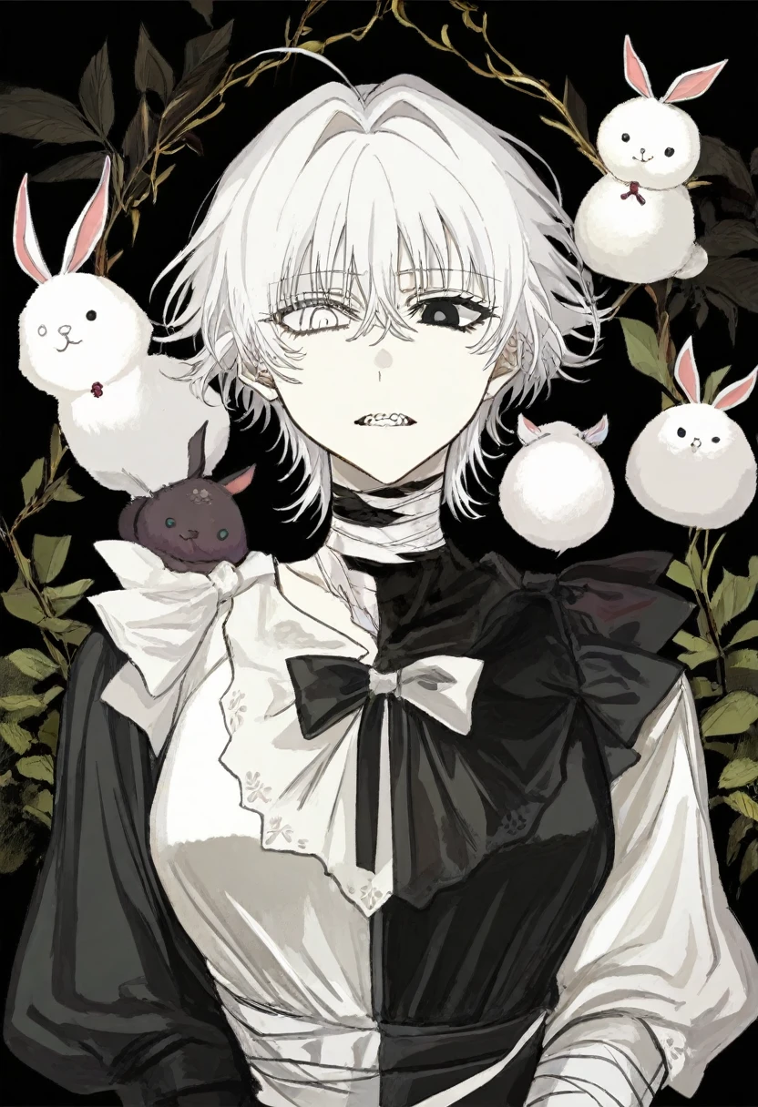 masterpiece, best quality, illustration, kuroume, white eyes, white hair, heterochromia, 1girl, solo, teeth, animal on shoulder, black background, black eyes, bow, looking at viewer, short hair, black bow, bandages