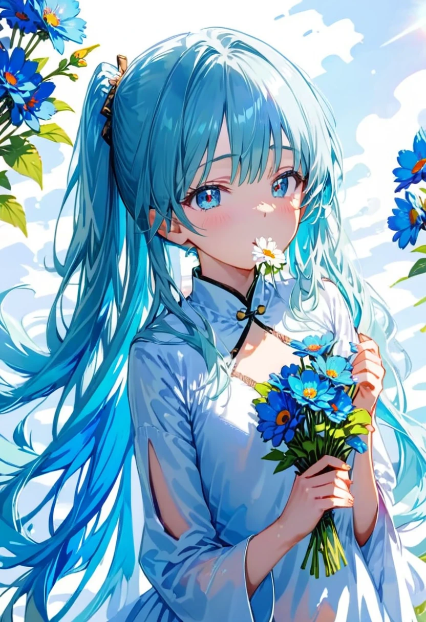 ,((masterpiece, best quality, extremely detailed, absurdres)),, masterpiece, best quality, extremely detailed, ((((((light blue long hair)))))), long hair cute anime faces,detailed light,parted lips,shiny、beautiful detailed face,,longhair、(((( light blue long hair)))),,, , 1girl, solo, flat chest, blush, bangs, caramel、Perfect beautiful woman,masterpiece, best quality, ,flat chest, (flat chest), a girl holding a bunch of flowers in two hands with her mouth open, solo, flower, 1girl, looking at viewer, blue flower,HoloDayo XL
