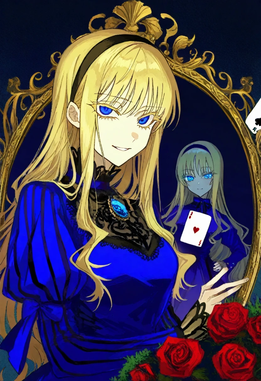 masterpiece, best quality, illustration, kuroume, 1girl, blonde hair, mirror, long hair, playing card, solo, card, reflection, dress, flower, blue dress, hairband, rose, long sleeves, red flower, bush, parted lips, black hairband, looking at viewer, red rose, colored eyelashes, different reflection, blue eyes, smile, upper body