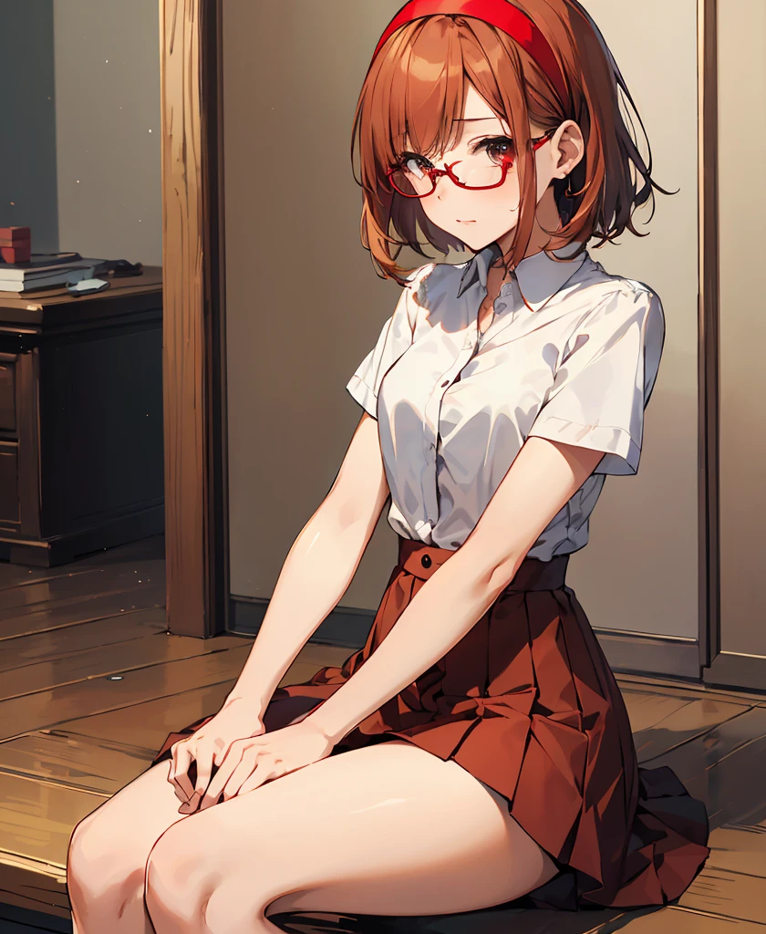 Phoenix Temple,One Girl, ,short hair,Light brown hair,Glasses,Embarrassed face、((Red Hairband))、Western-style room、Noise reduction,Perfect Anatomy,High resolution, Very detailed,Game CG,Cowboy Shot ,Attention to beautiful details,Visual Arts,Five fingers, Perfect hands, Perfect lighting,Sitting, White shirt, Short pleated skirt, (Bent knees:1.3), Lace panties, Clevis