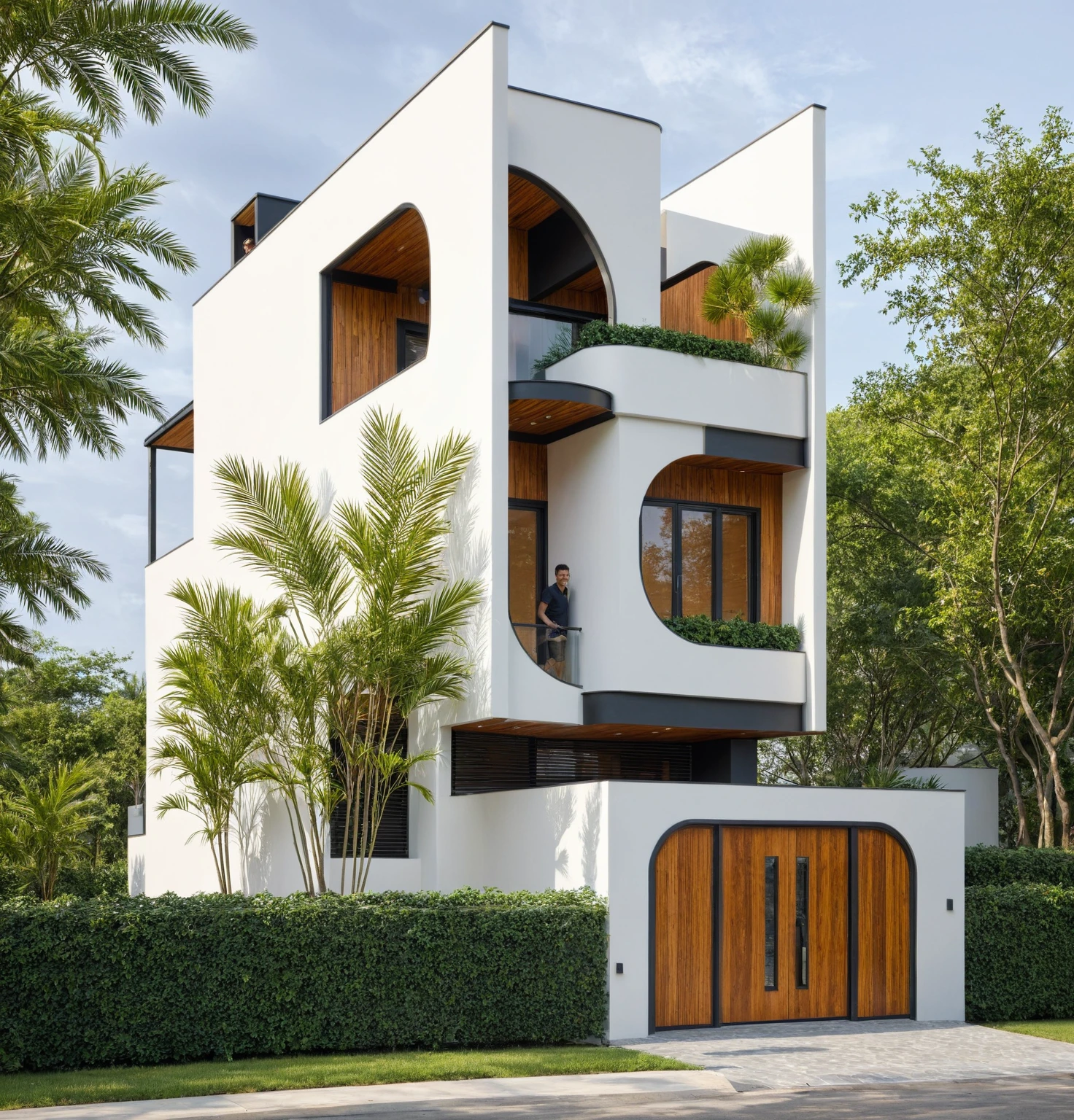 A high and narrow 3-storey house with a modern design, featuring a steel gate and wooden details. The exterior is painted white and the front wall has many curves. The house has windows on all sides, and a (wooden ceiling:1.2). The materials include black steel and wood. The 1st floor has trees growing in the middle columns, surrounded by tropical vegetation. The scene is captured from a 24mm angular view, with soft, natural lighting highlighting the textures and materials, casting gentle shadows that accentuate the curves of the front wall and the wooden details.