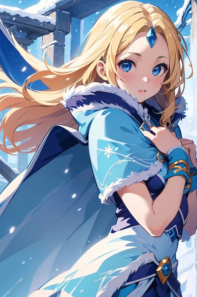 official art, crystal maiden, 1girl, petite, medium full shot, solo, blonde hair, blue eyes, (elegant cloak), rear view, looking back, wind, crystalline, blue winter background, snow, best quality, (masterpiece), realistic, 8k illustration
