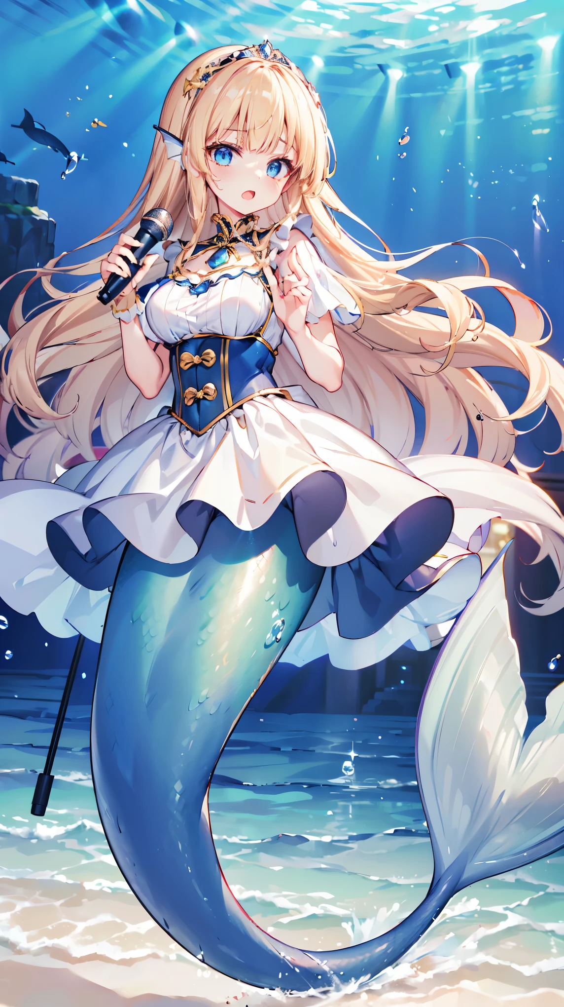 (masterpiece, Best quality),(Full fingers),PrincessMia20,A girl,Idol,Idol服,Big breasts,Blue Eyes,Blonde,Alone,Mermaid,蓝色的Mermaid尾巴,Full body photo,(Underwater:1.2),Holding a microphone,Open your mouth,