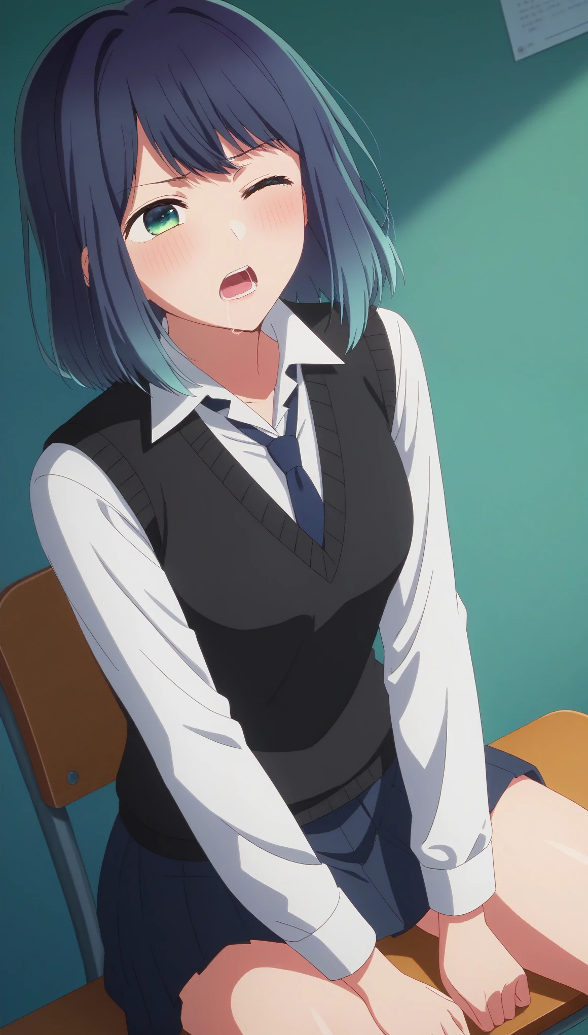 Beautiful lighting, One Girl, solo, Akane, White shirt, (((skirt))),Sweater vest, Black vest, Blue tie, ((Anime Style))、((2D))、blush,Laughter、Open your mouth、Look forward,((Cotton panties with crotch)),(((skirtめくり, I can see your pants))),squat,From below,squat,squat,(( Masturbating by touching the vagina with your fingers)), (( Masturbating by touching the vagina with your fingers)), (( Masturbating by touching the vagina with your fingers)), (( Masturbating by touching the vagina with your fingers)), (( Masturbating by touching the vagina with your fingers)),