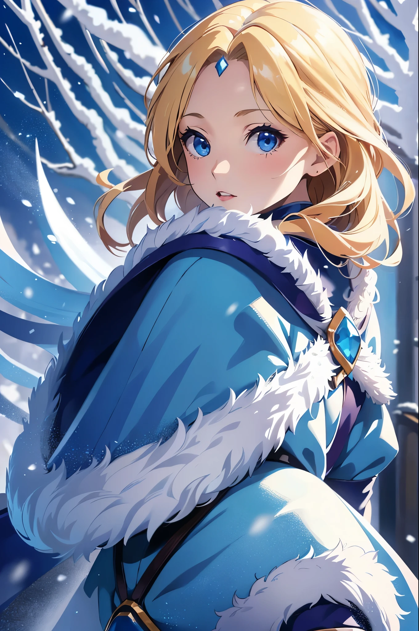 official art, crystal maiden, 1girl, ite, medium full shot, solo, blonde hair, blue eyes, (elegant cloak), rear view, looking back, wind, crystalline, blue winter background, snow, best quality, (masterpiece), realistic, 8k illustration
