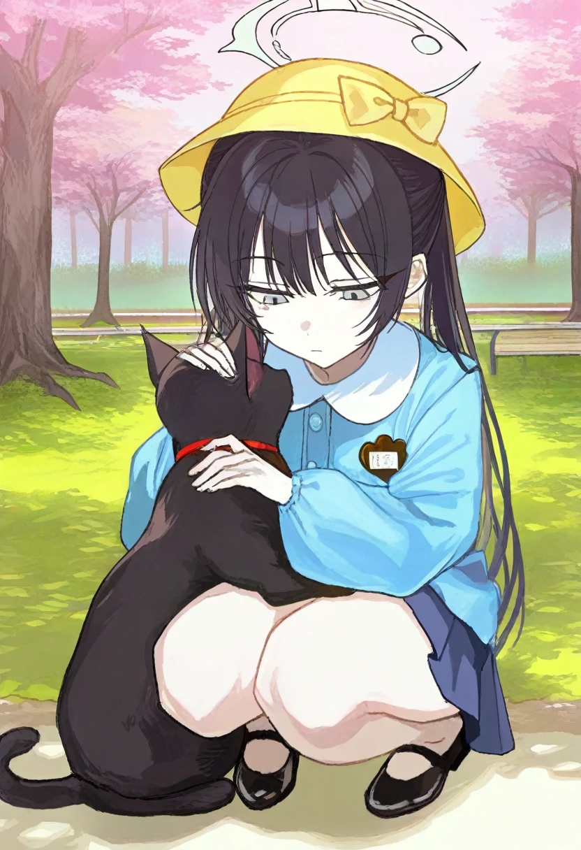 masterpiece, best quality, illustration, kuroume, 1girl, solo, kisaki \(kindergarten uniform\) \(blue archive\), halo, yellow hat, name tag, expressionless, squatting, looking down, petting cat, outdoors, park, masterpiece, best quality