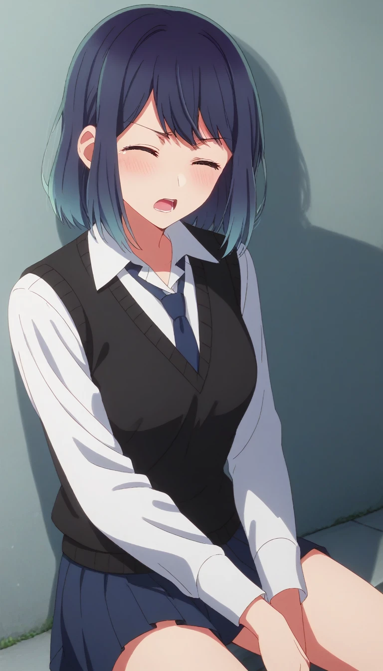 score_9, score_8_up, score_7_up, sauce_anime, ambient light, sunny day,                                                                                                                                                     akane kurokawa, bangs, green eyes , blue hair, medium hair, dark blue hair,  gradient hair , furrowed brow, ((wince)), frown,                                                                                                                                    
Nsfw,  shirt, school uniform, white shirt, necktie, collared shirt, vest , mini skirt ,                                                                                                                                                                                                outdoors, ,  (sitting),  long legs ,legs spread,                                                                                                                                                                                        
cowboy shot,, looking up, solo, dutch angle, blush,, screaming , saliva, ,medium breasts,                                                                                                                                                                                                                                                                                  