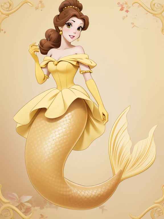 1girl, anime syle female character with brown hair in an updo, fair skin, hazel eyes, wearing a yellow off-the-shoulder ball gown with matching opera gloves, Princess Belle, mermaid tail below waistline,