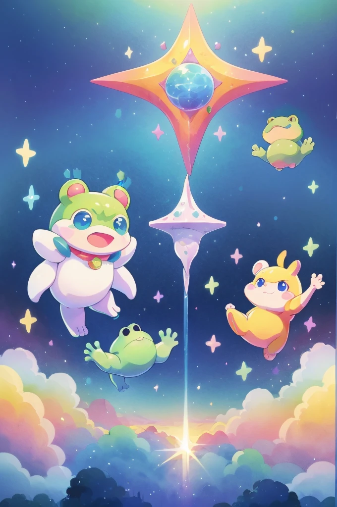 (masterpiece、Best Quality、super high quality、Beautiful and beautiful:1.2)、(Big cute robot frog and little cute robot frog party)、(theme:kind&Handmade fantasy)、Chorus、Loud voice、A small voice、Blending chords、Humming is soothing、Kero Kero Kero Kero...、Surreal、comical、The background is rainbow-colored musical staves and notes、Plain、Warm atmosphere、Dreamlike composition、Magical Sky、Attention to detail、Details that enhance quality、break、スーパーmasterpiece、High resolution、Immersive angles、8k、wallpaper
