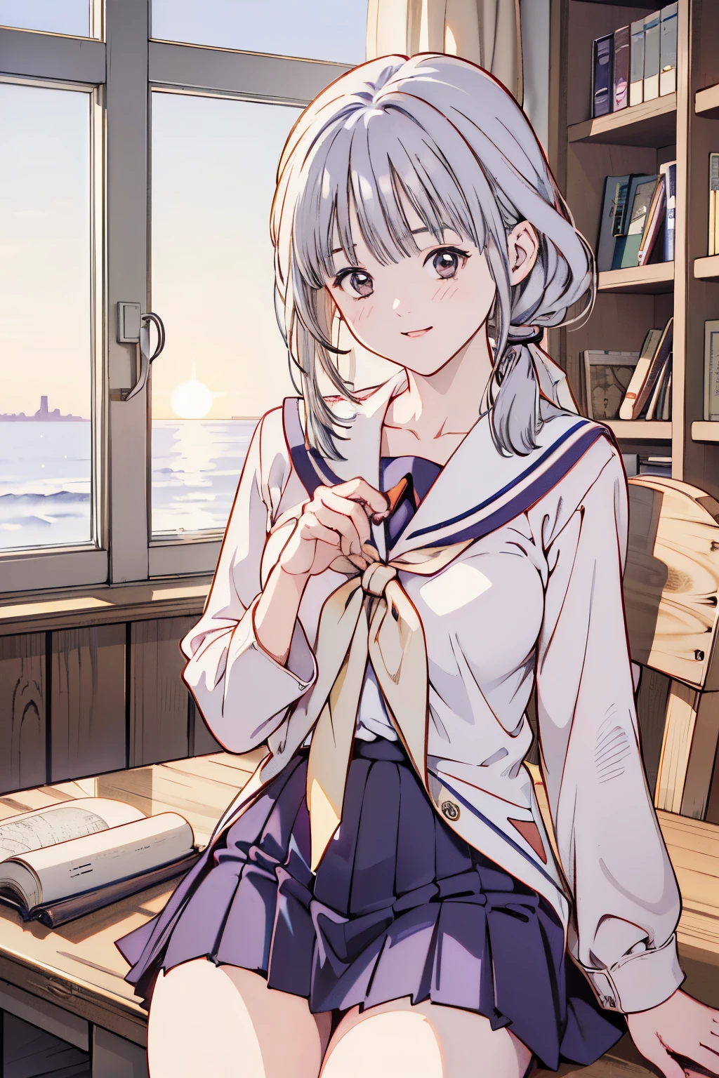 ((8k、Realistic、RAW Photos、Best Quality: 1.3)、(real skin),beautiful expression、Ultra-high resolution、(School uniform,Sailor suit,Purple Shirt,Navy Skirt,White Thailand)、soft、Large Breasts、Slim body ,curvy , beautiful詳細な顔,(One Girl,長いSilver Hair,Ponytail),beautiful、Fascinating and surreal,Honey,Anime Girls,Pixiv, Fascinating Anime Girls, mischief, mischief anime style, Iori, 大きいsoftおっぱい ,library ,sunset, Honey, holding a book,Smiling Kindly、ponytail ,Silver Hair , Juicy thighs、Sad smile ,Glasses ,
