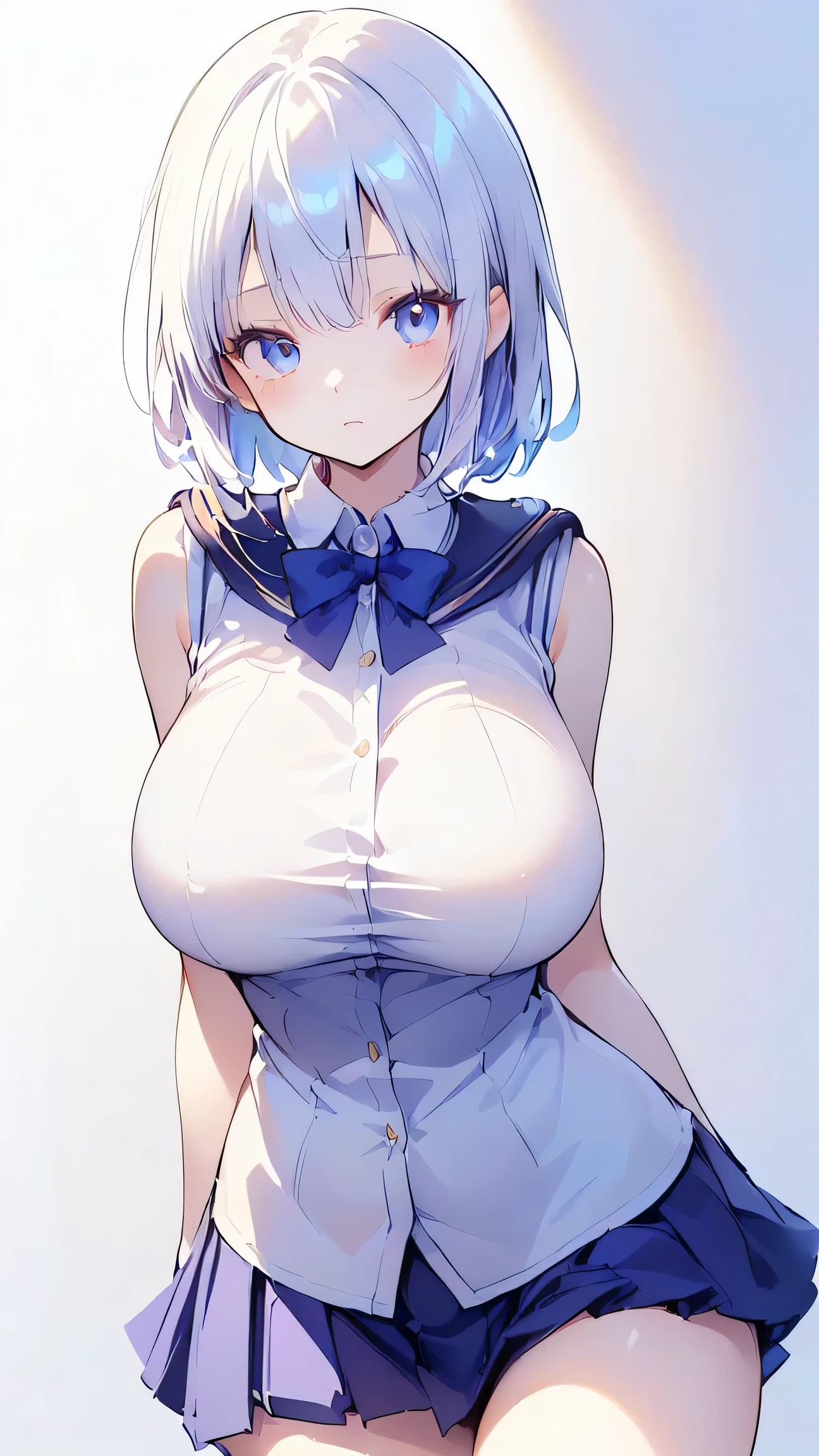 Ultra-high resolution, 8k,high quality,(((Extra low length,Skinny body)),cowboy shot , ((no hat:1.3))),Slender,Cute hairstyle,,(iridescent light,soft shadow,Anime Painting,thin line drawing),(((((super enormous cartoon-like breasts:1.5,(mega breasts),(big breasts),(((Student Uniform,Young))),Sleeveless、Simple Background,Young)))))Girl、