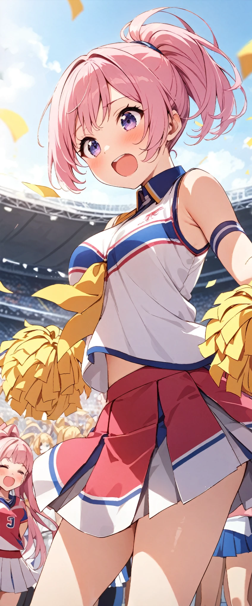 Pink hair ponytail、Dynamic hair、Yellow pom-poms in hands。Bustling Stadium、Cheerleaders、Uniform、Energetic support、People cheering energetically、