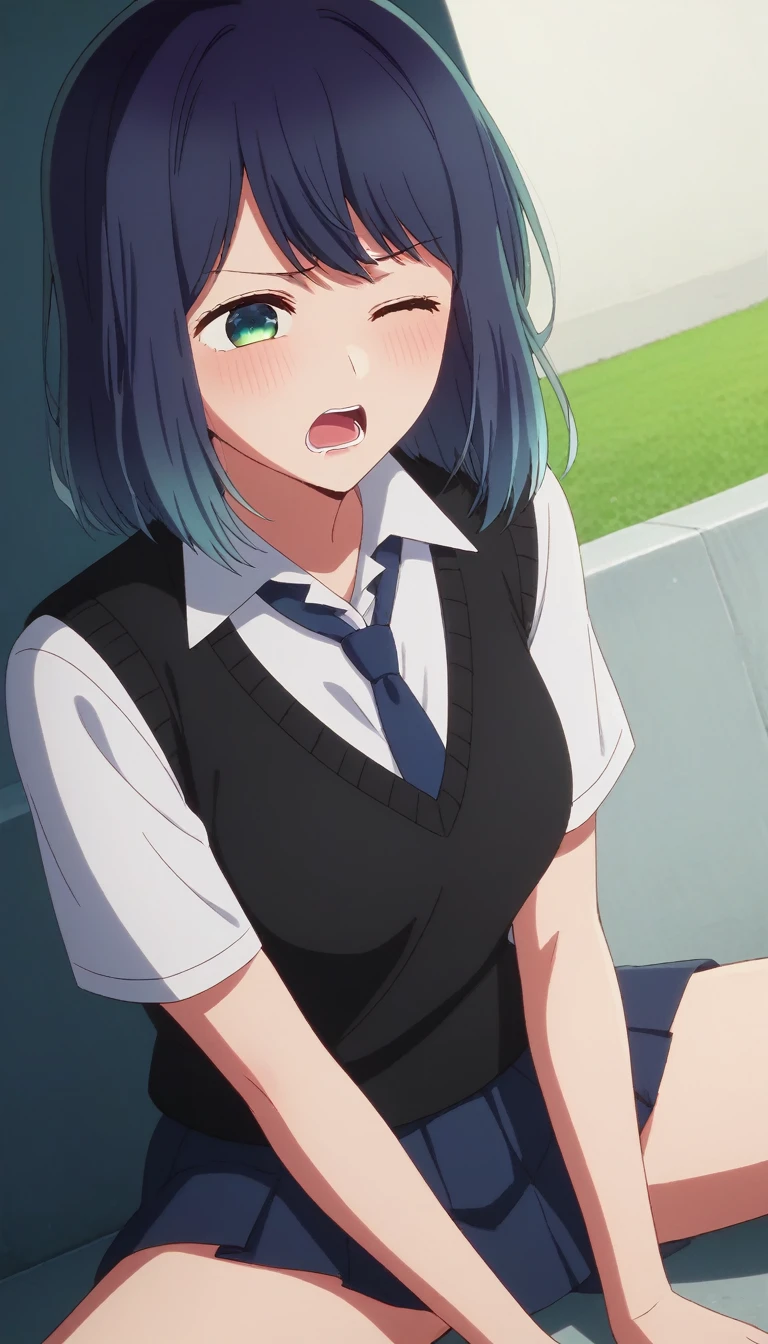 score_9, score_8_up, score_7_up, sauce_anime, ambient light, sunny day,                                                                                                                                                     akane kurokawa, bangs, green eyes , blue hair, medium hair, dark blue hair,  gradient hair , furrowed brow, wince, frown,                                                                                                                                    
Nsfw,  torn shirt, school uniform, white shirt, necktie, collared shirt, vest , mini skirt ,                                                                                                                                                                                                outdoors, ,  (sitting),  long legs ,legs spread,                                                                                                                                                                                        
looking up, solo, dutch angle, blush,, screaming ,wide open mouth, saliva, ,medium breasts,                                                                                                                                                                                                                                                                                  