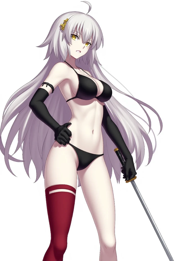 female, silver long hair, red eyes, (((1girl))), (((red sling bikini))), (black heeled sandals), cute and sexy, full body, large breasts, large butt, long legs, smiling