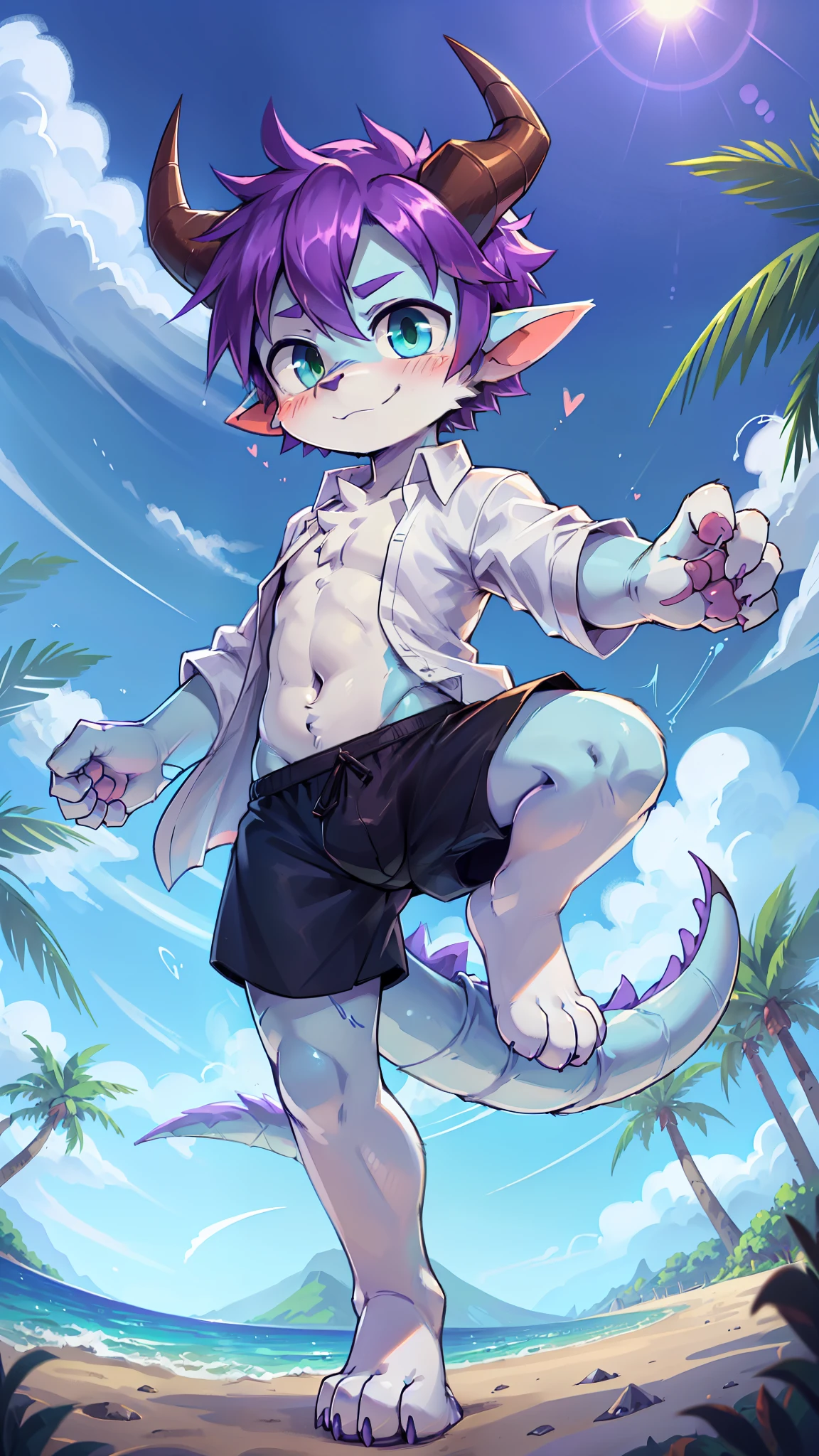 score_9,score_8_up,score_7_up, source_cartoon, source_furry, dragon boy, horns, green eyes, tail, purple hair, shota, furry, blush, dragon tail, looking at viewer, smile, dragon horns, pointy ears, short hair, furry male, ((two tone body, blue body, white body)), ((white hawaiian shirt, open clothes, black swim trunks)), full body, feets with three toes, 3 toes, dynamic action shot, motion blur, thick outline, anthropomorphic, countershading, beach, clear sky, ((prepare to fight pose, standing with one leg, one leg up)), looking at you,