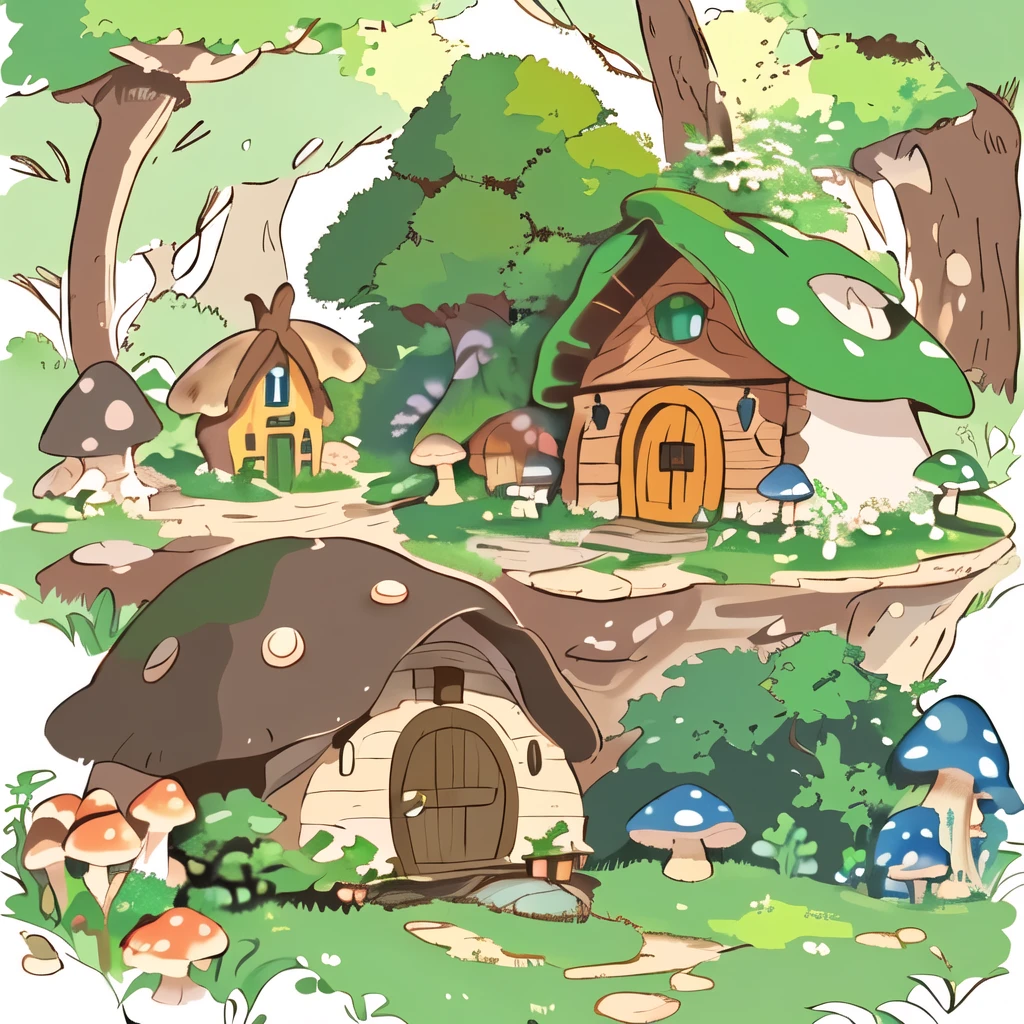 there is a small house made out of clay with a door, witch hut, mushroom house, elves house, mushroom hut in background, ghibli studio, mushroom houses, witch cottage in the forest, hobbit hole, ghibli studio style, rounded house and cute character, houses in the shape of mushrooms, cozy bathhouse hidden in a cave, mushroom forest arch