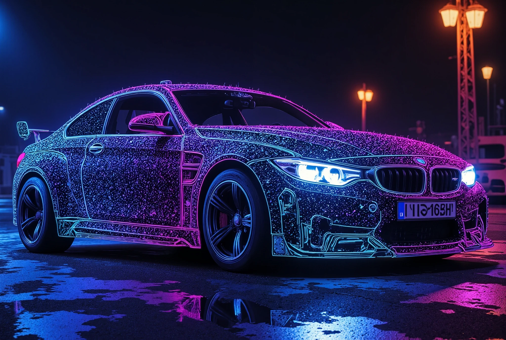 A car with a deep, galaxy-themed paint job that seems to absorb light, dotted with thousands of tiny, luminescent points to mimic stars, photo realistic, detailed