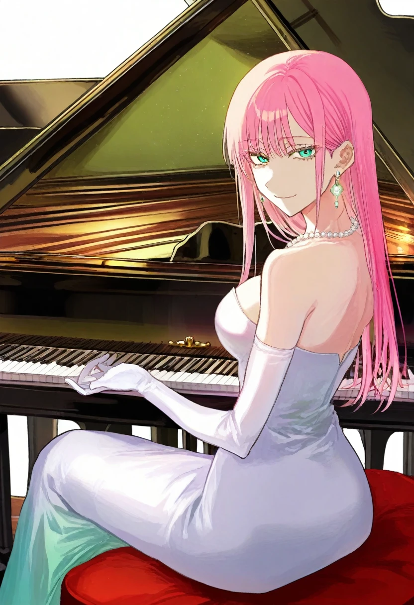 masterpiece, best quality, illustration, kuroume, 1girl, long hair, gloves, solo, dress, piano, jewelry, elbow gloves, pink hair, white gloves, earrings, instrument, white dress, breasts, looking at viewer, bare shoulders, strapless dress, green eyes, straight hair, music, necklace, pearl necklace, medium breasts, closed mouth, strapless, looking back, smile, sitting, aqua eyes, playing instrument, from behind