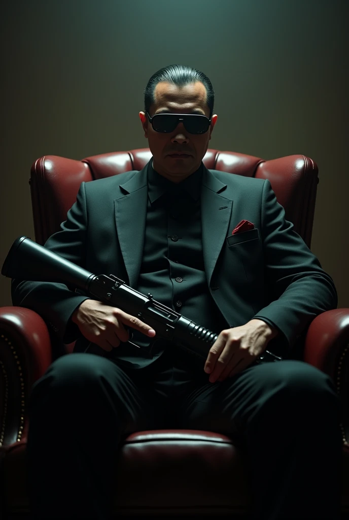 black hat, Gangster Man, majestic pose, severe, serious, Black Formal Suit, Everything is very delicate, Holds a Machine Gun in His Hand, Lowering It Down, Sits in a leather chair, Dark Glasses On Eyes Semi Transparent, In the Background Strict Yakuza House in Ancient Chinese Style all, Clear, Well-Detailed Picture, Maximum Details, Game of Shadows, 16K resolution, cinematic style, maximum realism, complex details : 1.2, Gloss Shine, retro style,