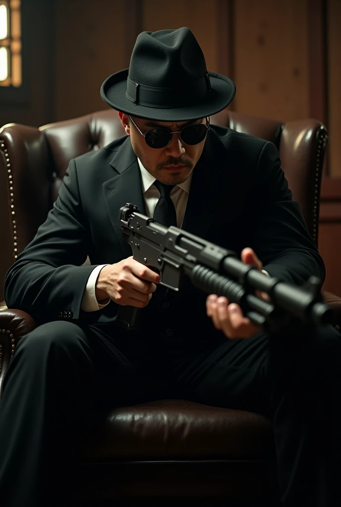 black hat, Gangster Man, majestic pose, severe, serious, Black Formal Suit, Everything is very delicate, Holds a Machine Gun in His Hand, Lowering It Down, Sits in a leather chair, Dark Glasses On Eyes Semi Transparent, In the Background Strict Yakuza House in Ancient Chinese Style all, Clear, Well-Detailed Picture, Maximum Details, Game of Shadows, 16K resolution, cinematic style, maximum realism, complex details : 1.2, Gloss Shine, retro style,