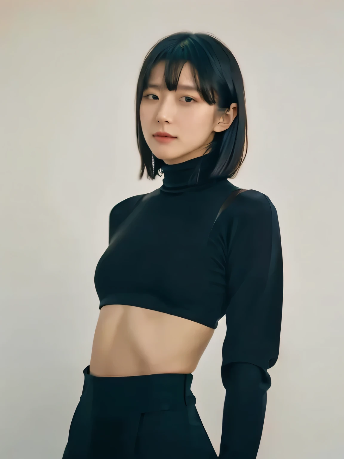 A stunning intricate full color portrait of (sks woman:1), wearing a black turtleneck with cropped in the belly part, cropped turtleneck, dark red plain background, epic character composition, by ilya kuvshinov, alessio albi, nina masic, sharp focus, natural lighting, subsurface scattering, f1.8, 35mm, film grain, black bob hair