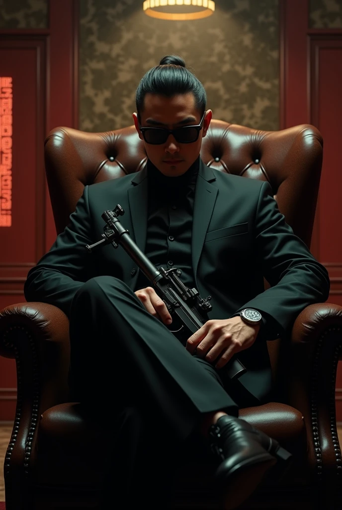 black hat, Gangster Man, majestic pose, severe, serious, Black Formal Suit, Everything is very delicate, Holds a Machine Gun in His Hand, Lowering It Down, Sits in a leather chair, Dark Glasses On Eyes Semi Transparent, In the Background Strict Yakuza House in Ancient Chinese Style all, Clear, Well-Detailed Picture, Maximum Details, Game of Shadows, 16K resolution, cinematic style, maximum realism, complex details : 1.2, Gloss Shine, retro style,